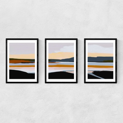 Peaceful Calm of Evening Triptych 3 x A2 (42 x 59.4cm) Frame Black Narrow (15mm) 