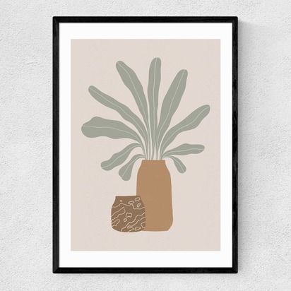 Two Brown Vases And Green Plant A3 (29.7 x 42cm) Frame Black Narrow (15mm) 