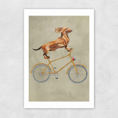 Dachshund On Bicycle A3 (29.7 x 42cm) Frame Natural Oak Medium (22mm) 