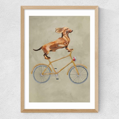 Dachshund On Bicycle A3 (29.7 x 42cm) Frame Natural Oak Medium (22mm) 