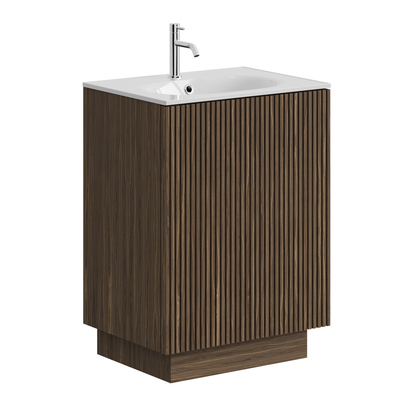 Crosswater Limit 600mm Floorstanding Single Slatted Door Vanity Unit & 1 Tap Hole Cast Mineral Marble Basin - Royal Walnut with Anthracite
