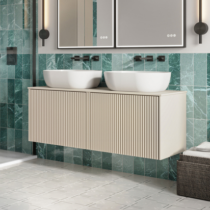 Crosswater Limit 1200mm Wall Hung Warm Stone & Anthracite Double Slatted Drawer Vanity Unit with Warm Stone Worktop Countertop
