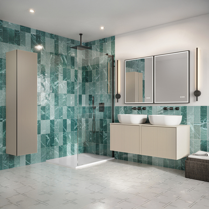 Crosswater Limit 1200mm Wall Hung Warm Stone & Anthracite Double Slatted Drawer Vanity Unit with Warm Stone Worktop Countertop