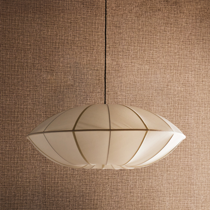 Large UFO pendant shade in white silk with white tape