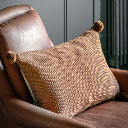 Moss Stitched Pom Pom Cushion Tan 400x600mm