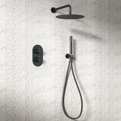 Harbour Clarity Matt Black Shower Package with 2 Outlet Valve, Fixed Head & Arm and Wall Shower Kit