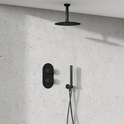 Harbour Clarity Matt Black Concealed Shower Valve, Fixed Ceiling Mounted Head and Wall Shower Kit