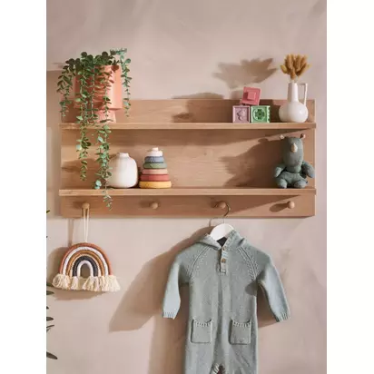 Obaby Astrid Nursery Double Wall Shelf with Hooks, Natural White | H37 x W80 x D16cm