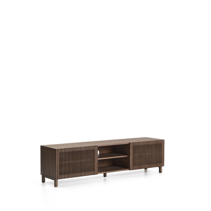 Beyla TV stand with 2 doors in ash veneer and solid ash wood with walnut-tone finish 180 x