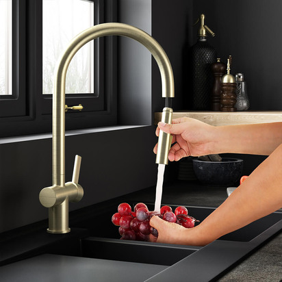 Just Taps VOS Pull Out Spray Single Lever Mono Kitchen Mixer - Brushed Brass