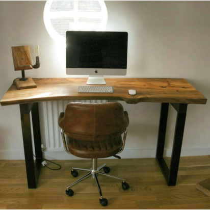 Live edge, solid wooden slab computer / office desk with black metal legs.