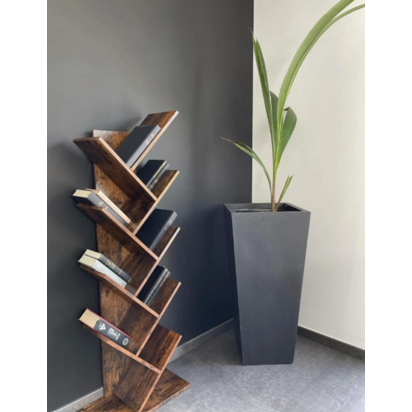 Industrial Tree Bookshelf: Rustic Brown Wooden Bookcase, 8-Shelf Display