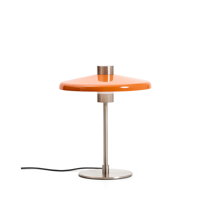 Nuvira table lamp in light grey brushed metal and orange lampshade UK adaptor