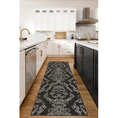 Dark Side Damask Charcoal Flatwoven Rug - 75 x 215 cm - Rug + Pad System