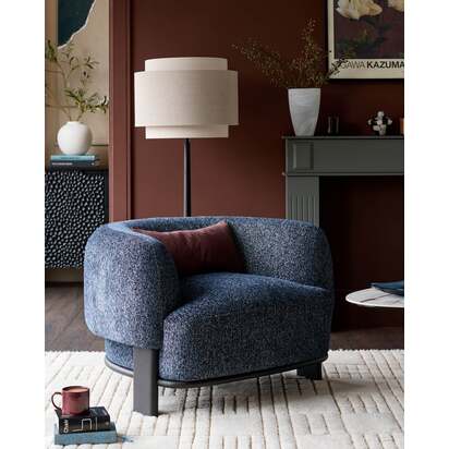 Florence Navy Fabric With Dark Wood Armchair | Rounded Shape With Chunky Armrests | Dark Wood Legs & Frame | Fixed Foam Cushions | Danetti