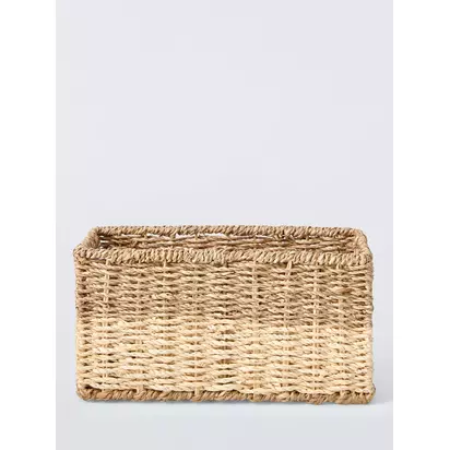 John Lewis Slim Seagrass Storage Basket, Natural/White | 15x30x15cm