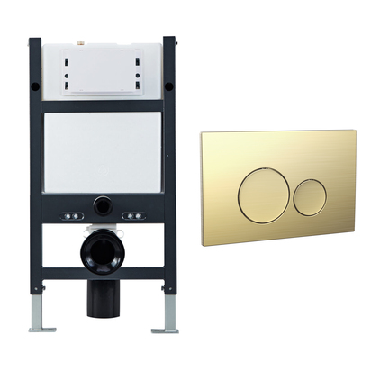 Drench Under Window Wall Hung Toilet Frame, Pneumatic Concealed Cistern & Dual Flush Plate with Round Buttons - Brushed Brass
