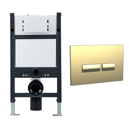 Drench Under Window Wall Hung Toilet Frame, Pneumatic Concealed Cistern & Dual Flush Plate with Angular Buttons - Brushed Brass
