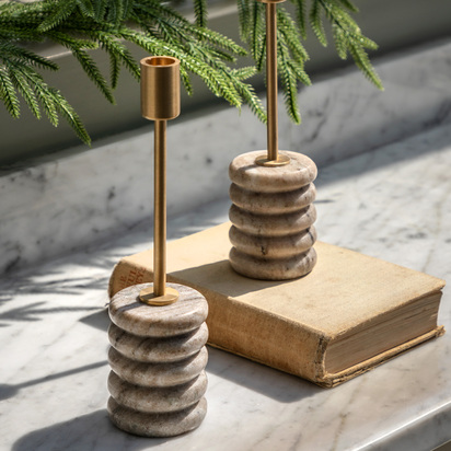 Studio Novi Gold Candle Stick S/2 Beige Marble 66x66x255m