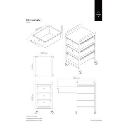 Tube Frame 3 White Plastic Drawers Trolley