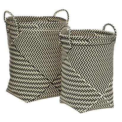 Nautical Set Of Two Black And White Woven Storage Baskets