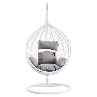 Goa White Rattan Effect Hanging Chair with Grey Cushions