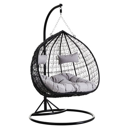 Goa Black Rattan Effect Double Hanging Chair With Grey Cushions