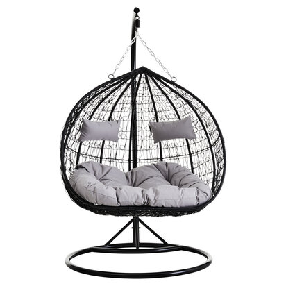 Goa Black Rattan Effect Double Hanging Chair With Grey Cushions