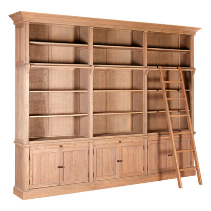 Lyon Washed Grey Oak Wood Large Bookcase With Ladder