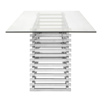 Vioerstead Rectangular Glass Top Dining Table with Slatted Silver Base