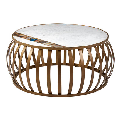 Viowwick Marble and Agate Round Coffee Table with Antique Brass Base