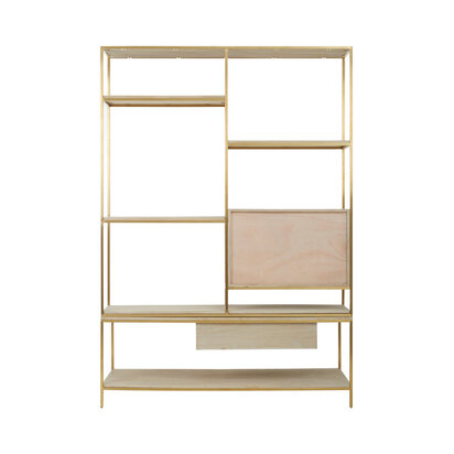 Modica Oak Wood and Gold Finish Shelf Unit