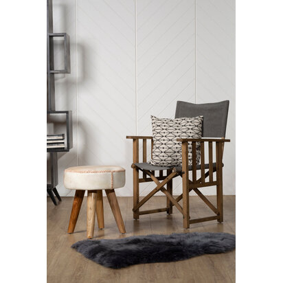 Piarbury Natural Hair on Leather and Teak Wood Round Stool