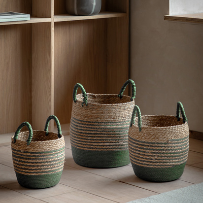 Brammore Seagrass Basket Olive Striped Set of 3