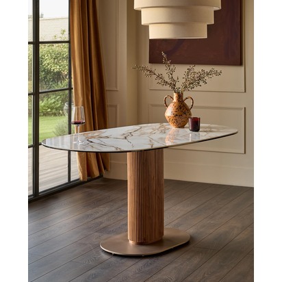 Vidal Natural Gloss Ceramic 6 Seater Oval Dining Table | Bronze Metal Fluted Pedestal Base | Heat Resistant Surface | Danetti