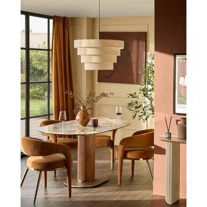 Vidal Natural Gloss Ceramic 6 Seater Oval Dining Table | Bronze Metal Fluted Pedestal Base | Heat Resistant Surface | Danetti