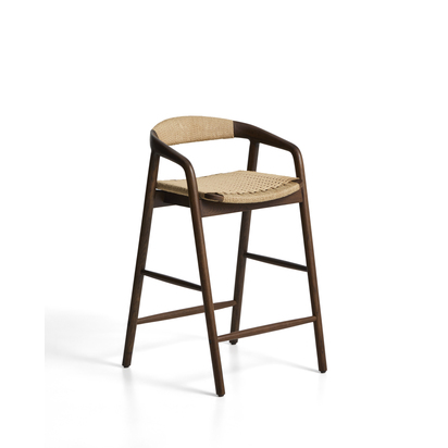 Derile stool in solid oak wood with walnut finish and beige paper rope cord FSC Mix Credit