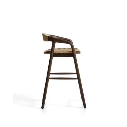 Derile stool in solid oak wood with walnut finish and beige paper rope cord FSC Mix Credit