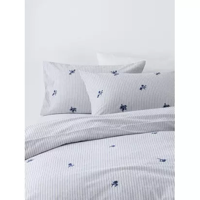 John Lewis Stanton Pure Cotton Embroidered Percale Duvet Cover Set, Blue Blue | 230cmx220cm