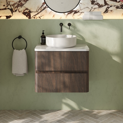 Drench Origin 600mm Fluted Wall Mounted Dark Oak Vanity Unit with White Countertop - No Basin