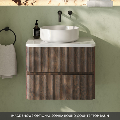 Drench Origin 600mm Fluted Wall Mounted Dark Oak Vanity Unit with White Countertop - No Basin