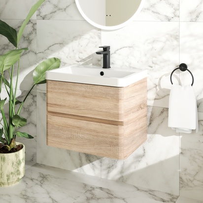 Drench Origin 600mm Wall Mounted Light Oak Vanity Unit & Basin