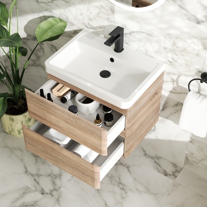 Drench Origin 600mm Wall Mounted Light Oak Vanity Unit & Basin