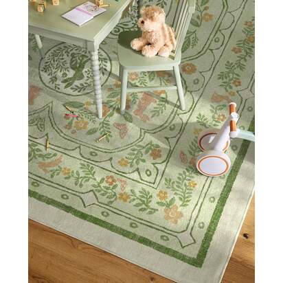 Twin Bunny Border Green Flatwoven Rug - 90 x 150 cm - Rug + Cushioned Pad System