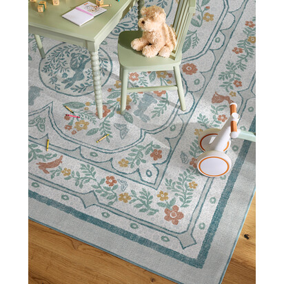 Twin Bunny Border Blue Flatwoven Rug - 90 x 150 cm - Rug + Cushioned Pad System