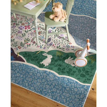 Flower Fields Teal Multicolour Flatwoven Rug - 150 x 215 cm - Rug + Pad System
