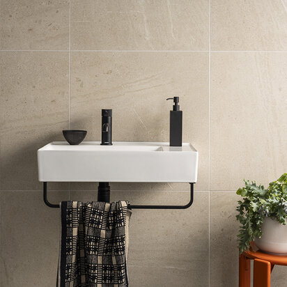 Arezzo Modern Wall Hung Basin 1TH - 610 x 380mm with Matt Black Towel Rail