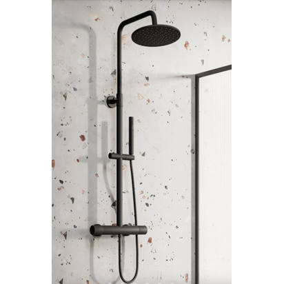 Huxley Matt Black Round Thermostatic Shower with Knurled Detailing