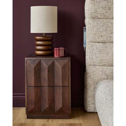 Ria Dark Mango Wood Bedside Table |  2 Push-To-Open Drawers | Clean Handle Free Design | Geometric Front Design | Danetti
