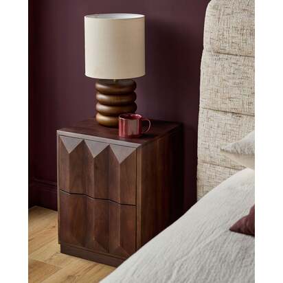 Ria Dark Mango Wood Bedside Table |  2 Push-To-Open Drawers | Clean Handle Free Design | Geometric Front Design | Danetti